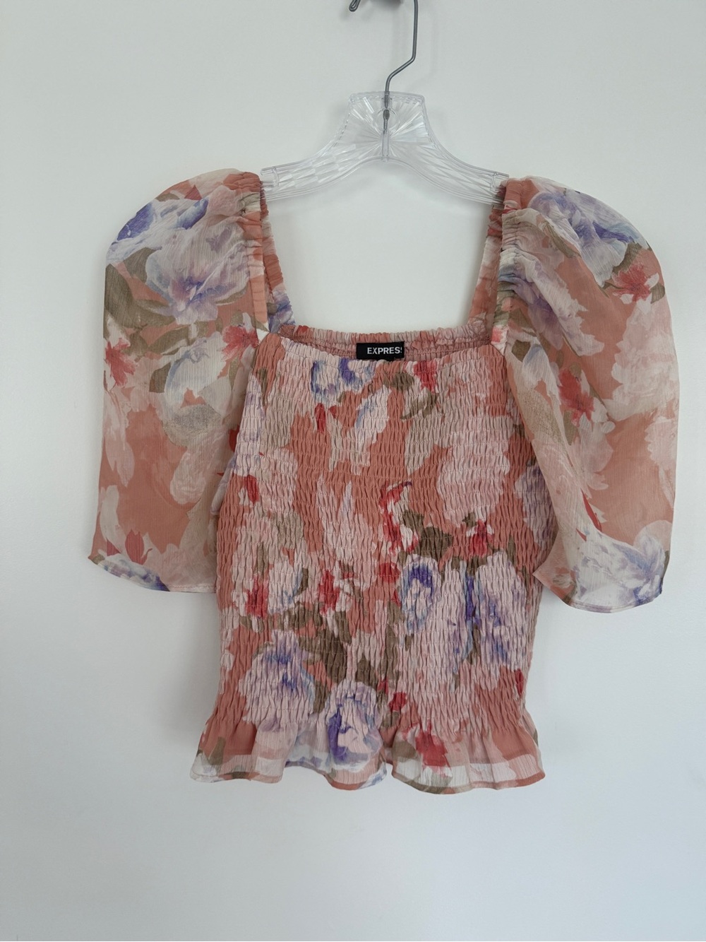 Express Peach Floral Smocked Top with Sheer Puff Sleeves